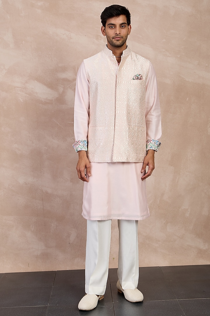 Powder Pink Chanderi Silk Jaal Printed Nehru Jacket Set by ARJAN DUGAL at Pernia's Pop Up Shop