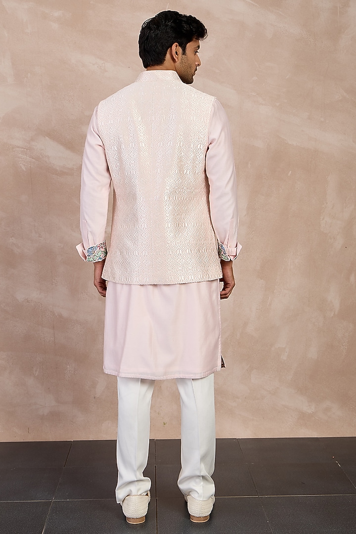 Powder Pink Chanderi Silk Jaal Printed Nehru Jacket Set by ARJAN DUGAL at Pernia's Pop Up Shop