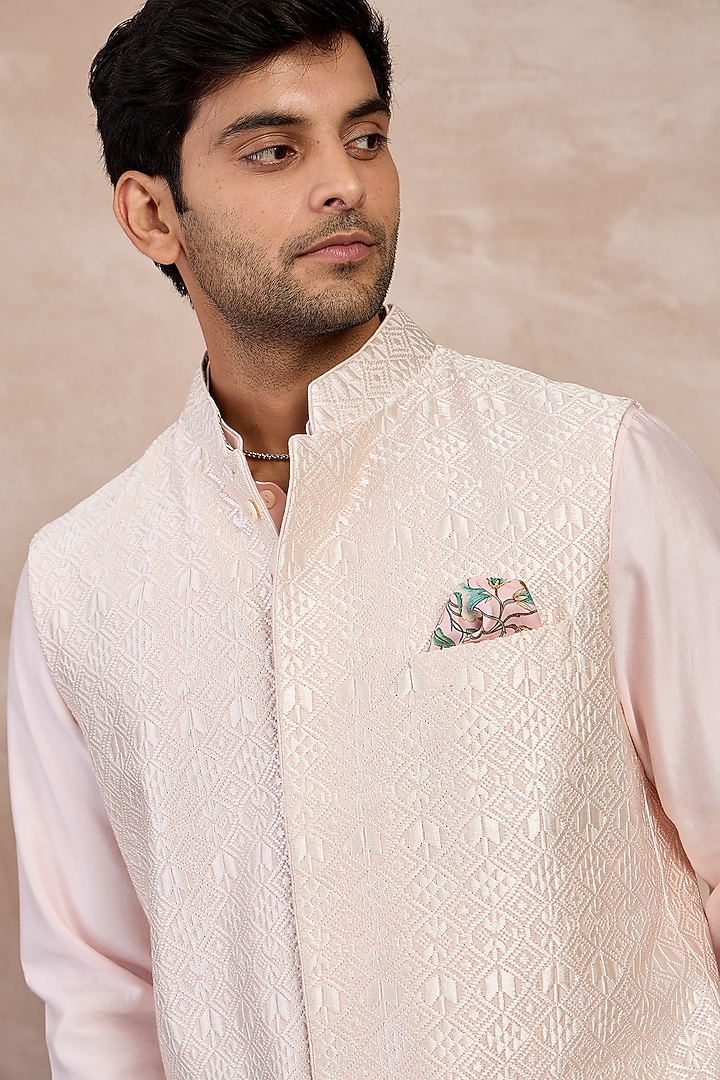 Powder Pink Chanderi Silk Jaal Printed Nehru Jacket Set by ARJAN DUGAL at Pernia's Pop Up Shop