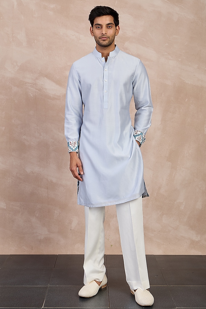 Powder Blue Chanderi Silk Kurta Set by ARJAN DUGAL at Pernia's Pop Up Shop