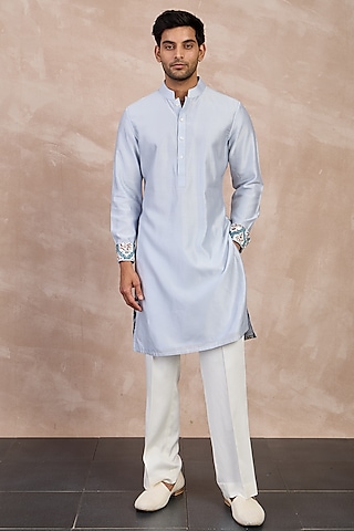 Powder Blue Chanderi Silk Kurta Set by ARJAN DUGAL