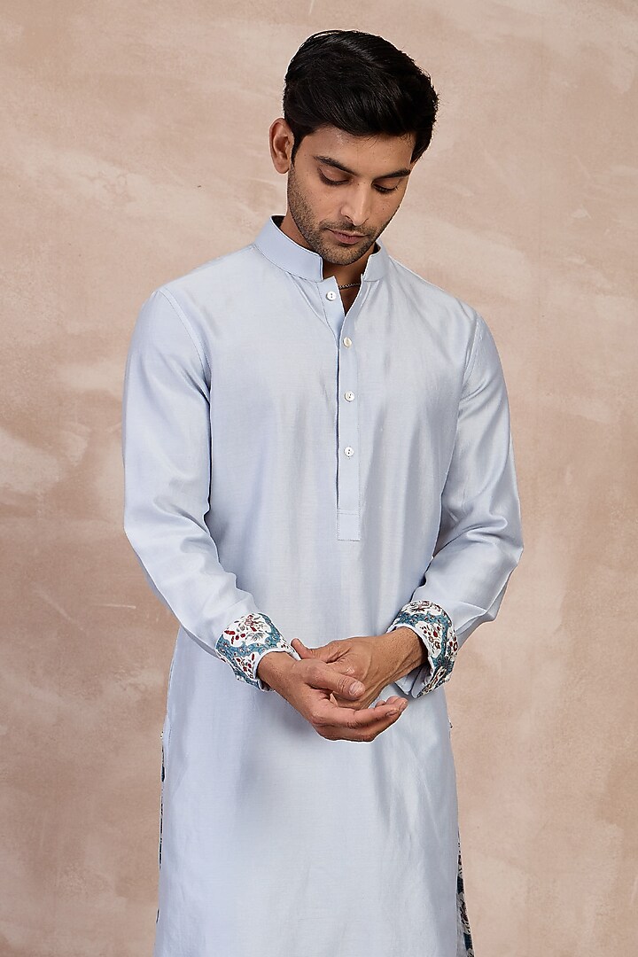 Powder Blue Chanderi Silk Kurta Set by ARJAN DUGAL at Pernia's Pop Up Shop