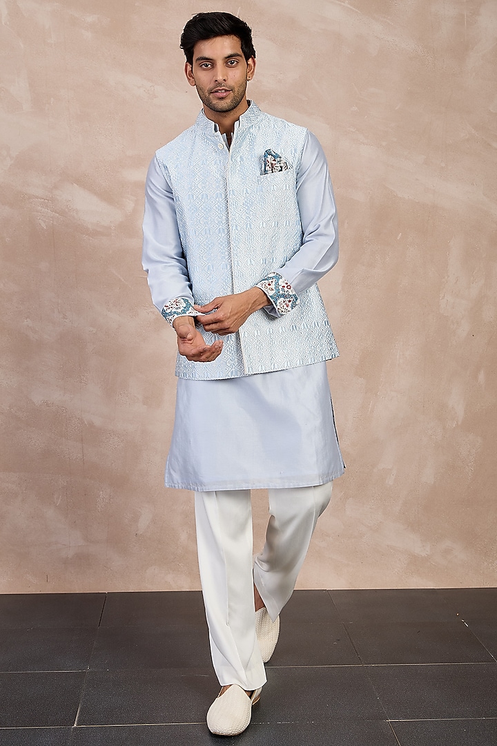 Powder Blue Chanderi Silk Jaal Printed Nehru Jacket Set by ARJAN DUGAL at Pernia's Pop Up Shop