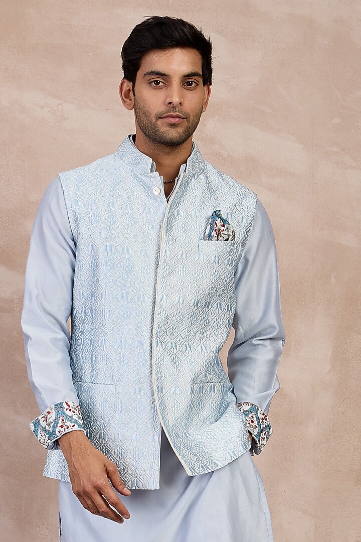 Powder Blue Chanderi Silk Jaal Printed Nehru Jacket Set by ARJAN DUGAL at Pernia's Pop Up Shop