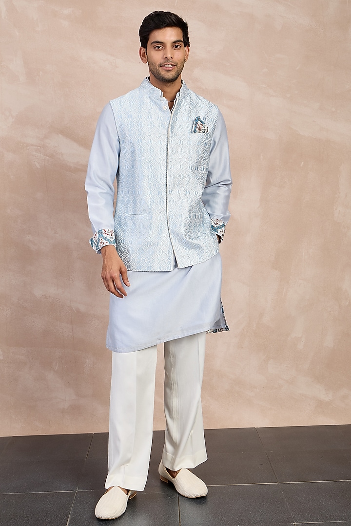 Powder Blue Chanderi Silk Jaal Printed Nehru Jacket Set by ARJAN DUGAL at Pernia's Pop Up Shop