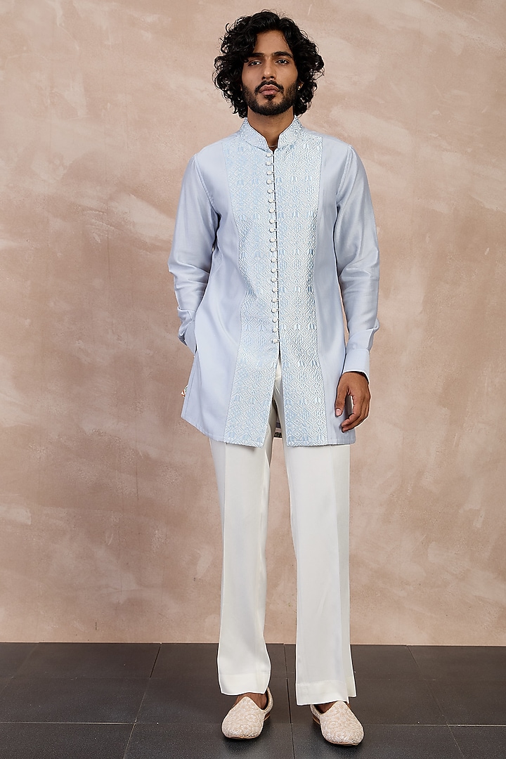 Powder Blue Chanderi Silk Printed Kurta Set by ARJAN DUGAL at Pernia's Pop Up Shop