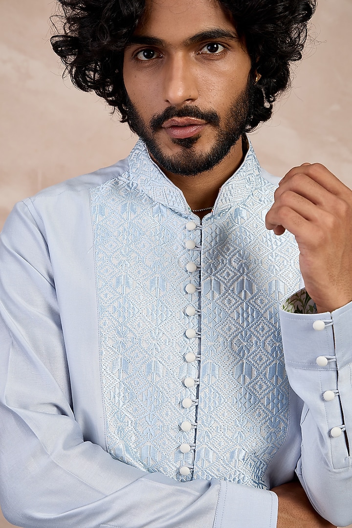 Powder Blue Chanderi Silk Printed Kurta Set by ARJAN DUGAL at Pernia's Pop Up Shop