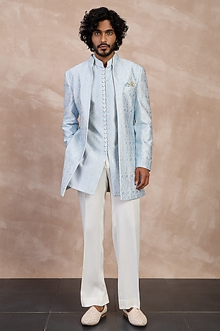 Powder Blue & Ivory Chanderi Silk Jaal Printed Bandhgala Set by ARJAN DUGAL