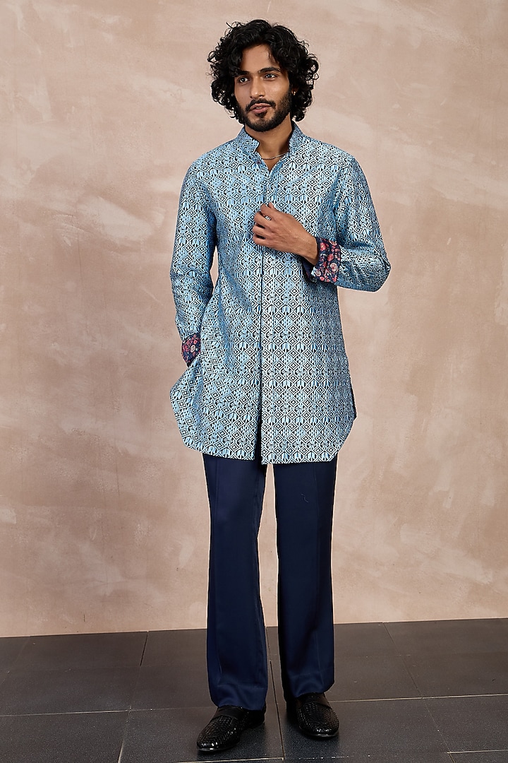 Teal Chanderi Silk Kurta Set by ARJAN DUGAL at Pernia's Pop Up Shop