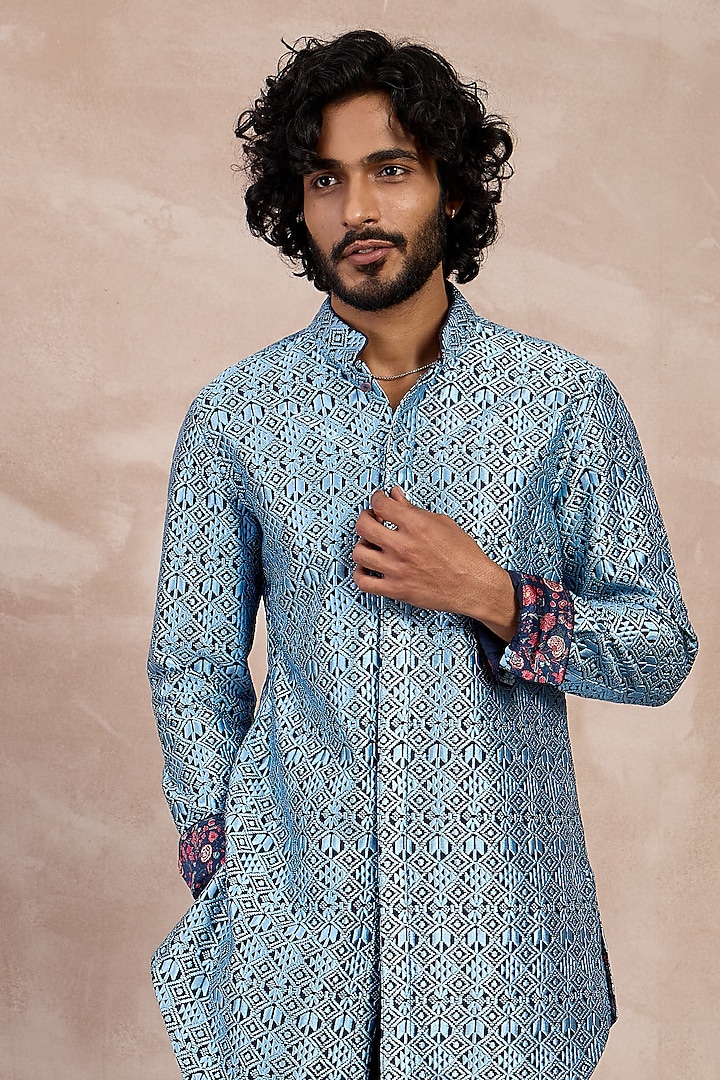 Teal Chanderi Silk Kurta Set by ARJAN DUGAL at Pernia's Pop Up Shop