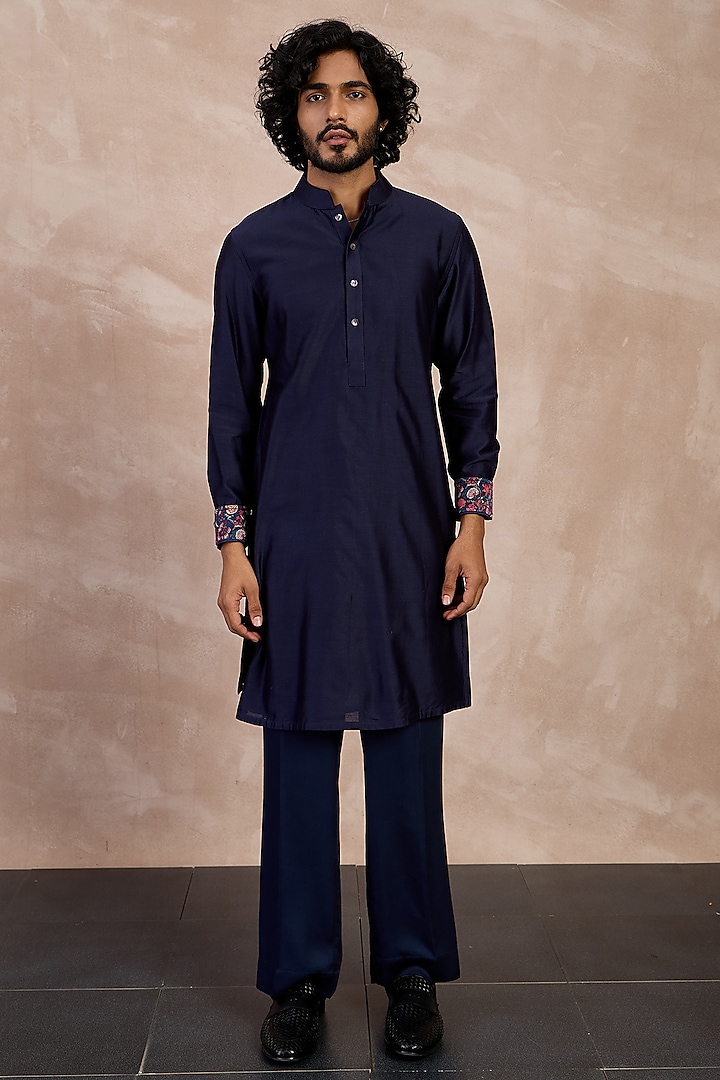 Navy Chanderi Silk Kurta Set by ARJAN DUGAL at Pernia's Pop Up Shop