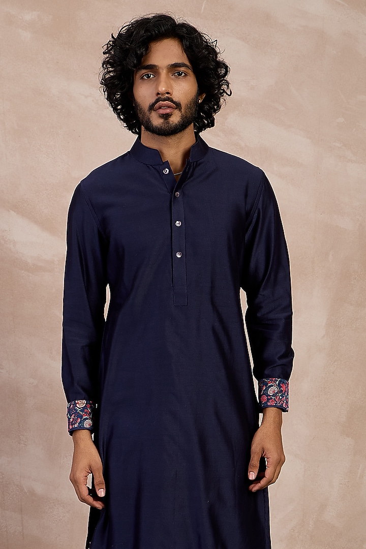 Navy Chanderi Silk Kurta Set by ARJAN DUGAL at Pernia's Pop Up Shop