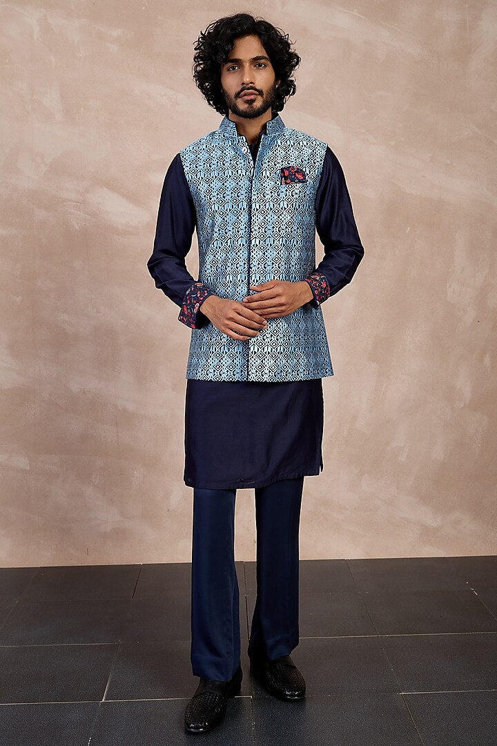 Teal Chanderi Silk Printed Nehru Jacket Set by ARJAN DUGAL at Pernia's Pop Up Shop