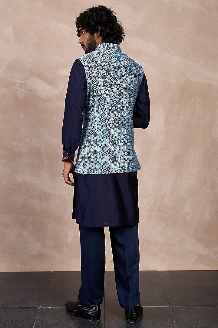 Teal Chanderi Silk Printed Nehru Jacket Set by ARJAN DUGAL at Pernia's Pop Up Shop