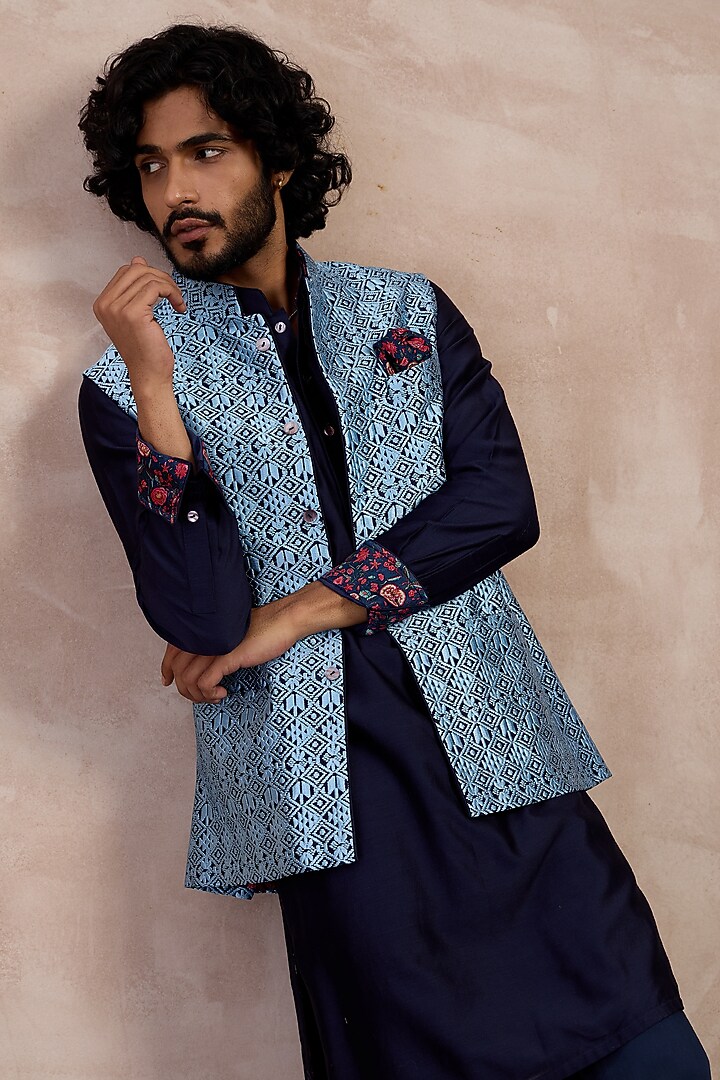Teal Chanderi Silk Printed Nehru Jacket Set by ARJAN DUGAL at Pernia's Pop Up Shop