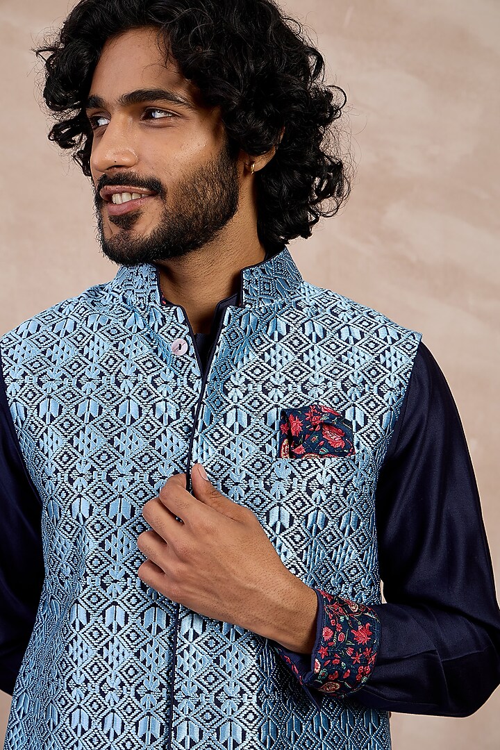 Teal Chanderi Silk Printed Nehru Jacket Set by ARJAN DUGAL at Pernia's Pop Up Shop
