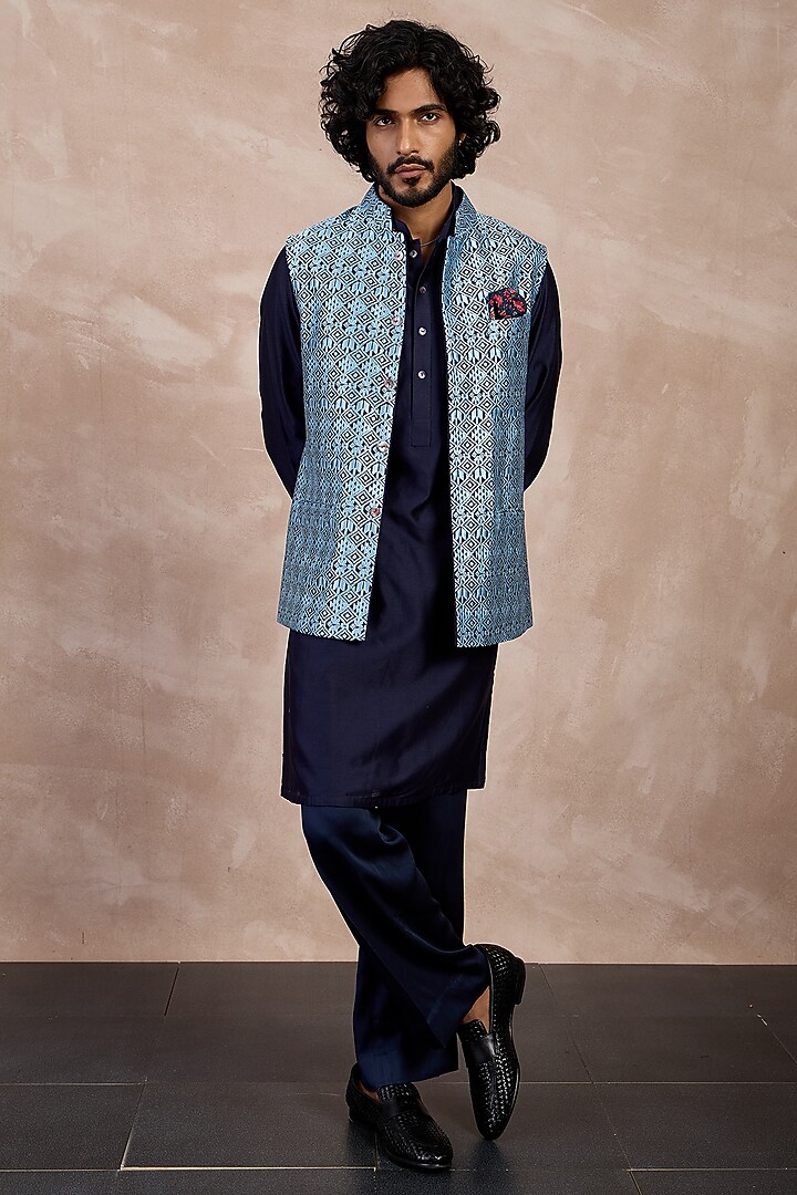 Teal Chanderi Silk Printed Nehru Jacket Set by ARJAN DUGAL at Pernia's Pop Up Shop