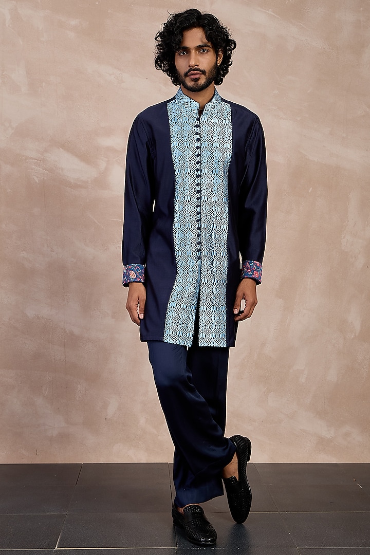 Navy & Teal Chanderi Silk Printed Kurta Set by ARJAN DUGAL at Pernia's Pop Up Shop