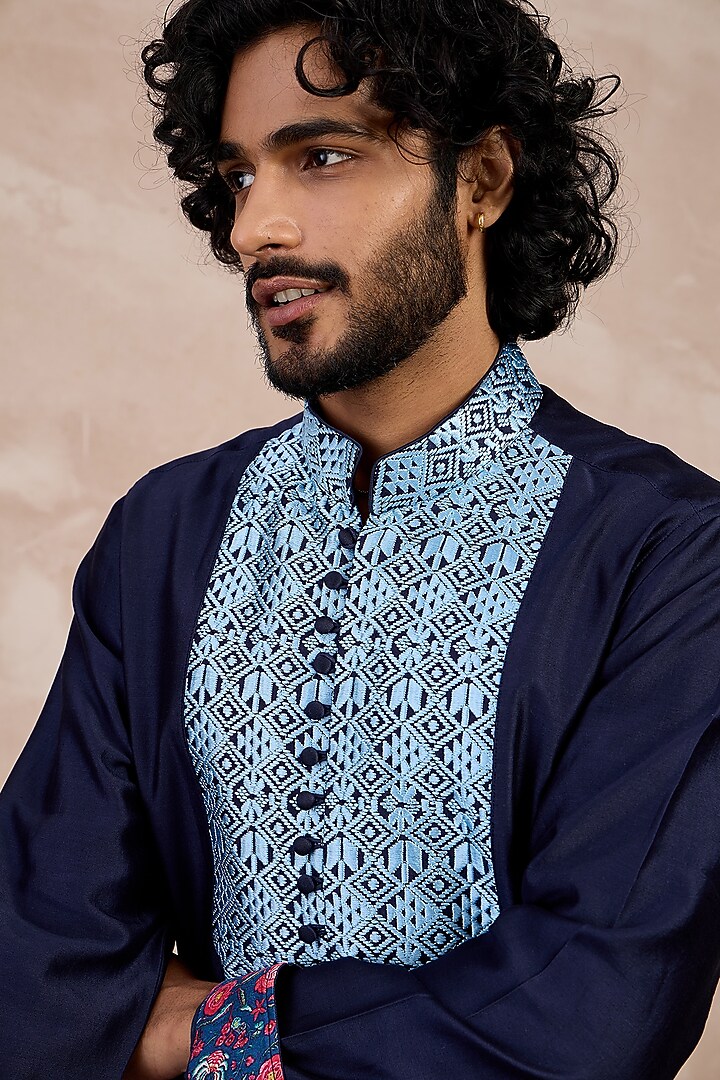 Navy & Teal Chanderi Silk Printed Kurta Set by ARJAN DUGAL at Pernia's Pop Up Shop