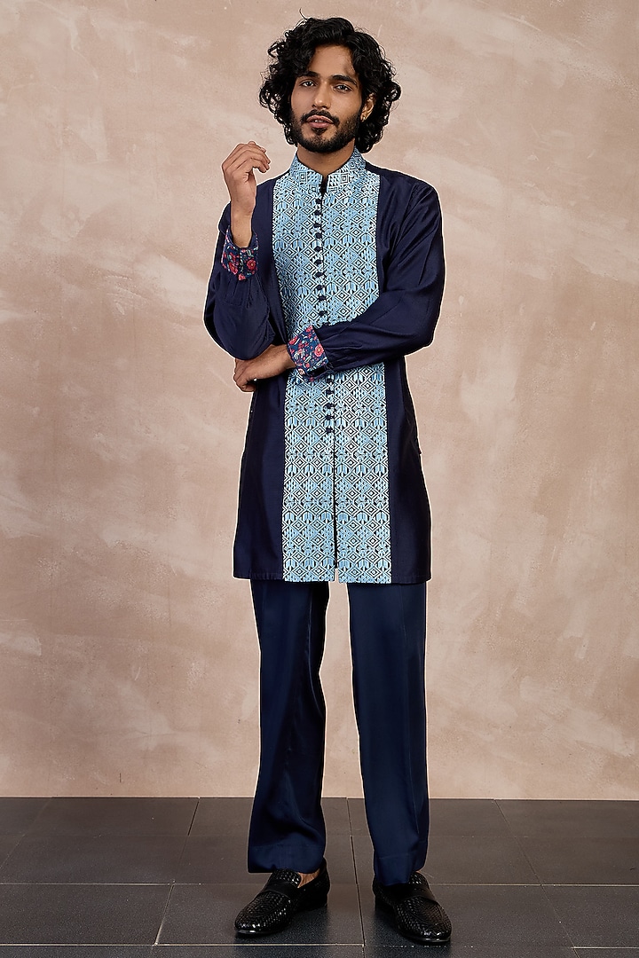 Navy & Teal Chanderi Silk Printed Kurta Set by ARJAN DUGAL at Pernia's Pop Up Shop