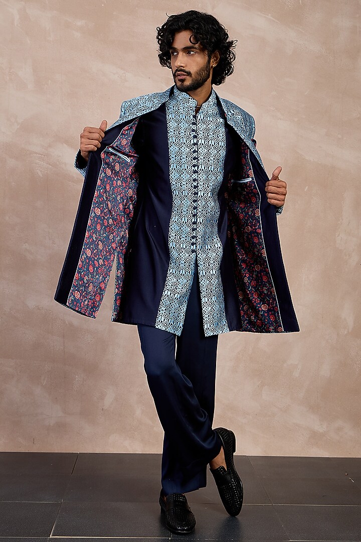 Navy & Teal Chanderi Silk Printed Groom Bandhgala Set by ARJAN DUGAL at Pernia's Pop Up Shop