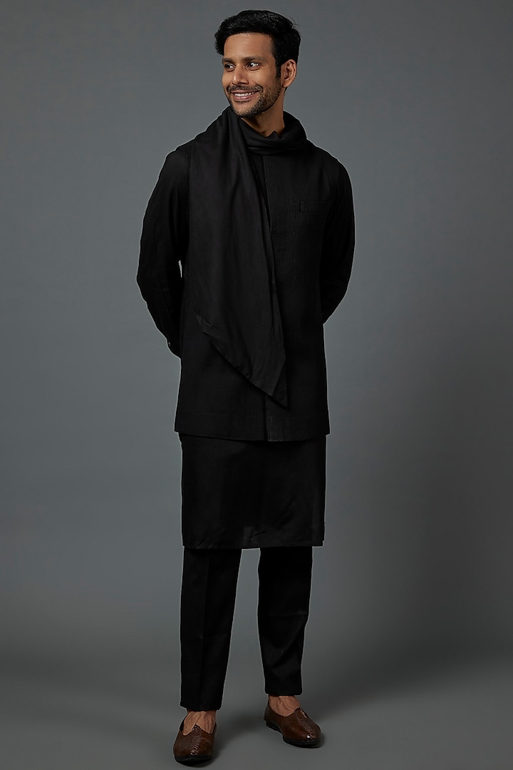 Black Silk Kurta Set With Nehru Jacket by ARJAN DUGAL