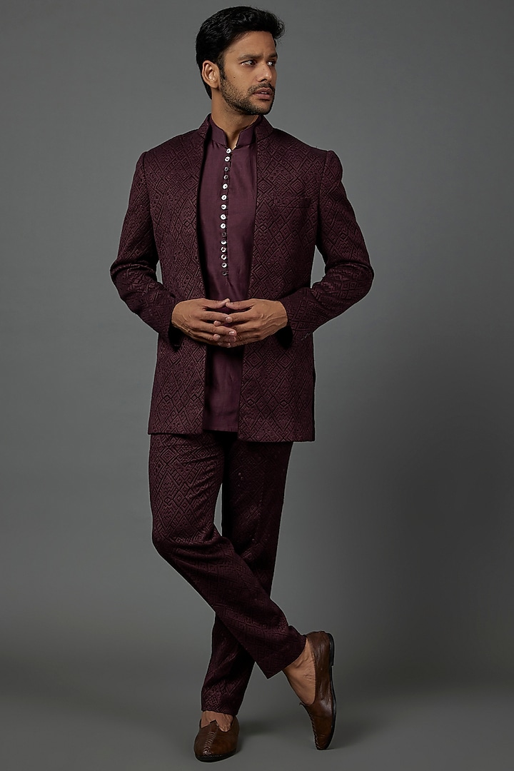Burgundy Silk Embroidered Indo Western Jacket Set by ARJAN DUGAL