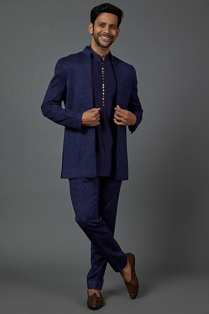 Blue Silk Embroidered Indo Western Jacket Set by ARJAN DUGAL