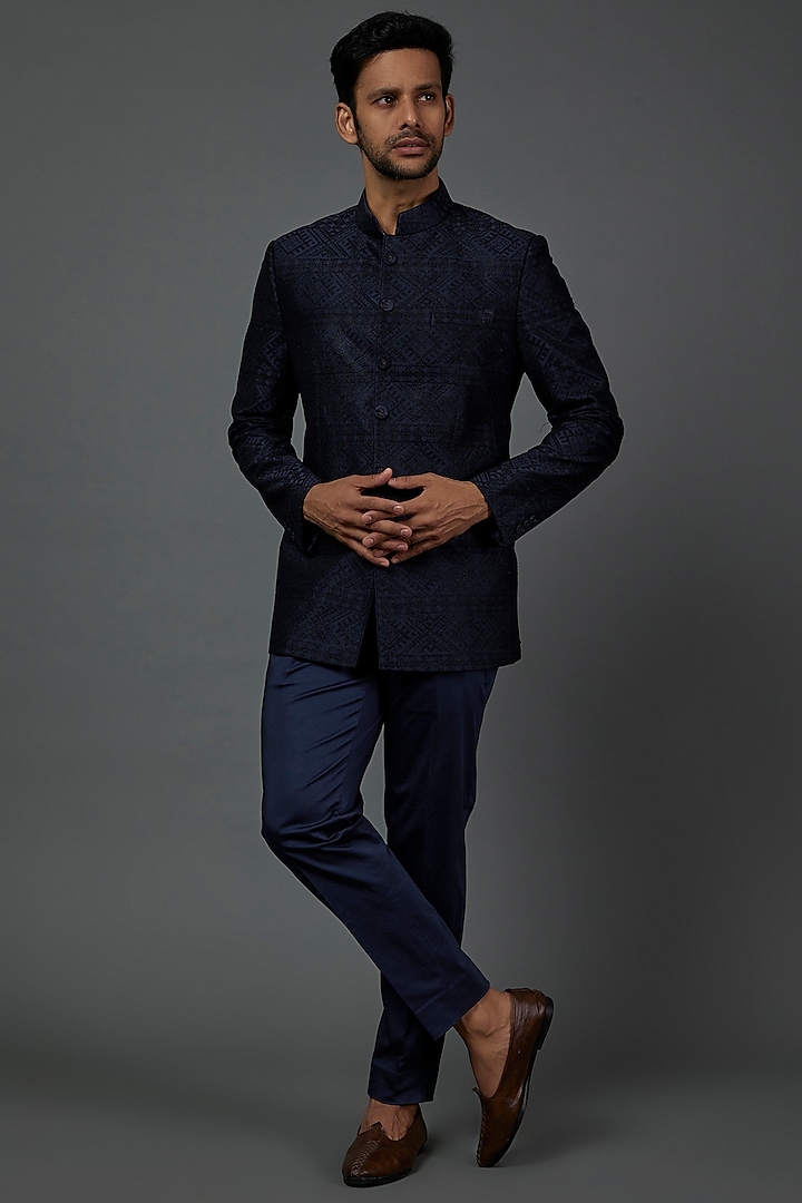 Navy Blue Embroidered Bandhgala Jacket Set by ARJAN DUGAL