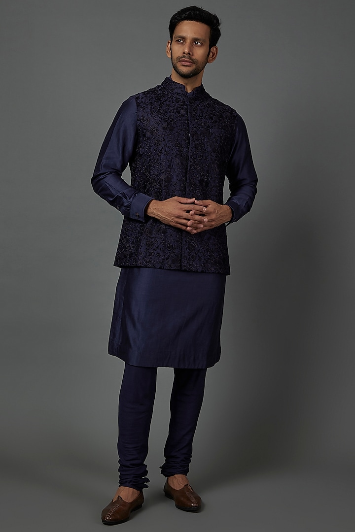 Navy Blue Silk Kurta Set With Nehru Jacket by ARJAN DUGAL