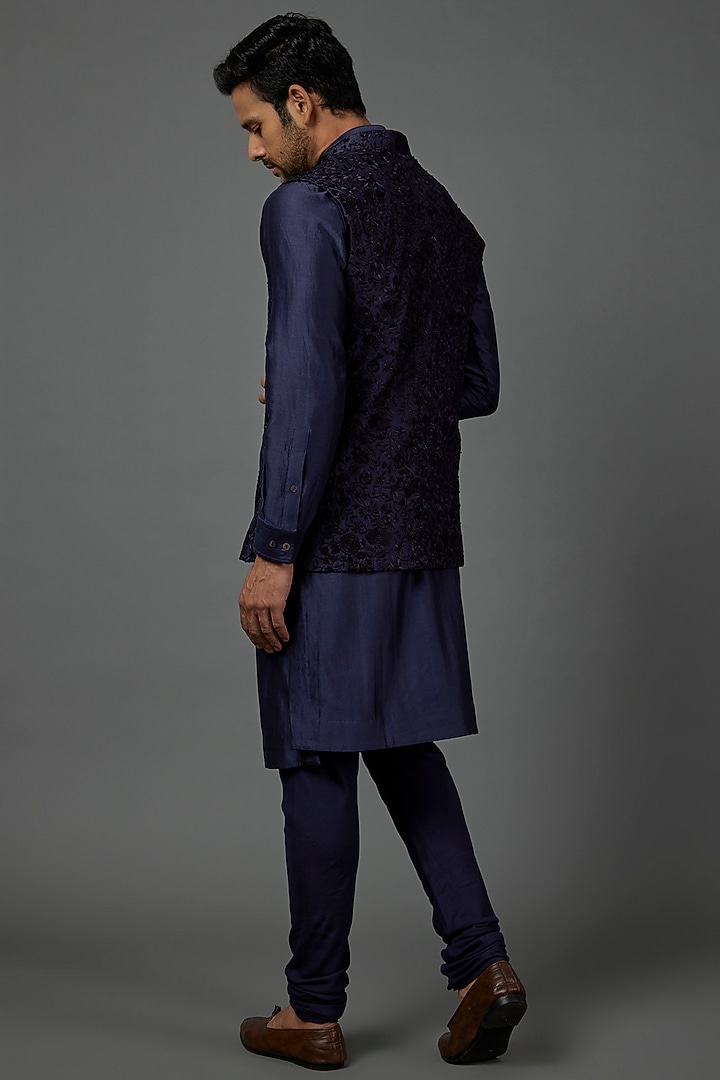 Navy Blue Silk Embroidered Nehru Jacket Set by ARJAN DUGAL at Pernia's Pop Up Shop