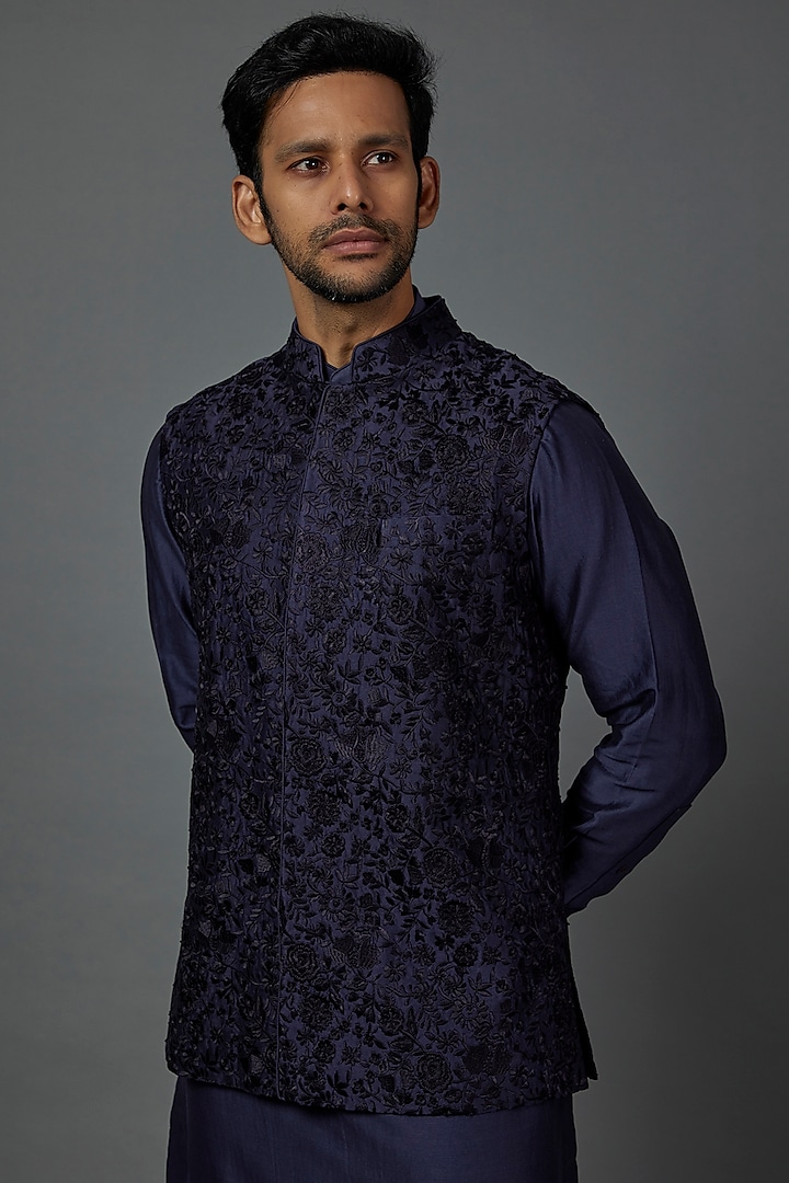 Navy Blue Silk Embroidered Nehru Jacket Set by ARJAN DUGAL at