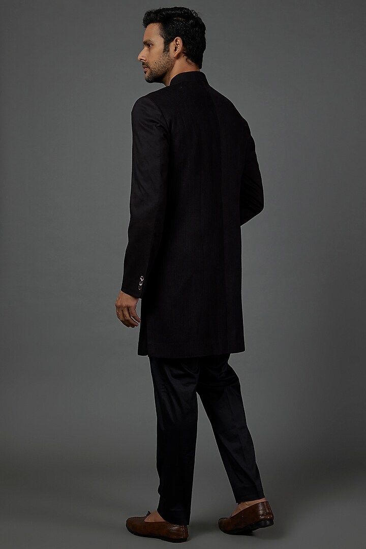 Black Viscose Silk Groom Sherwani Set by ARJAN DUGAL at Pernia's Pop Up Shop