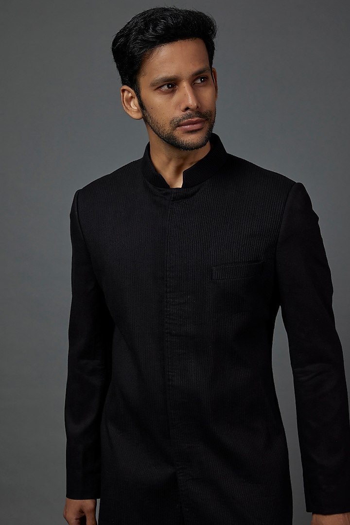 Black Viscose Silk Groom Sherwani Set by ARJAN DUGAL at Pernia's Pop Up Shop