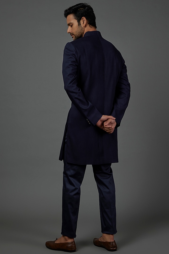 Navy Blue Viscose Silk Groom Sherwani Set by ARJAN DUGAL at Pernia's Pop Up Shop