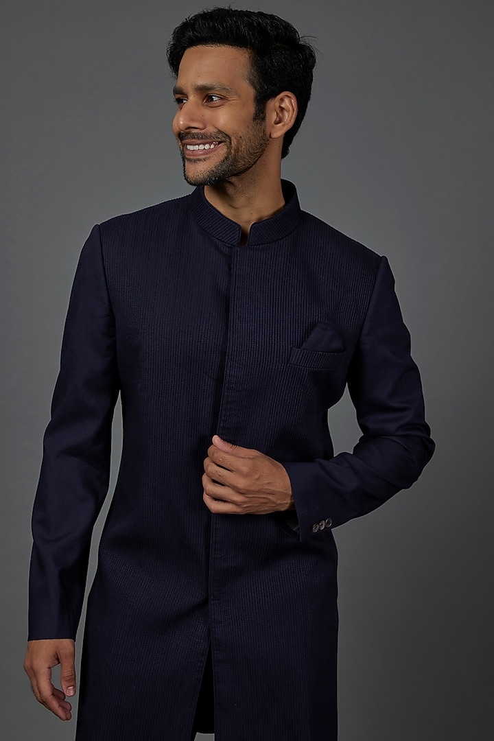 Navy Blue Viscose Silk Groom Sherwani Set by ARJAN DUGAL at Pernia's Pop Up Shop