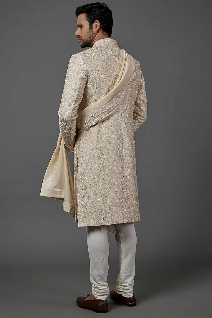 Beige Cotton Silk Embroidered Groom Sherwani Set by ARJAN DUGAL at Pernia's Pop Up Shop