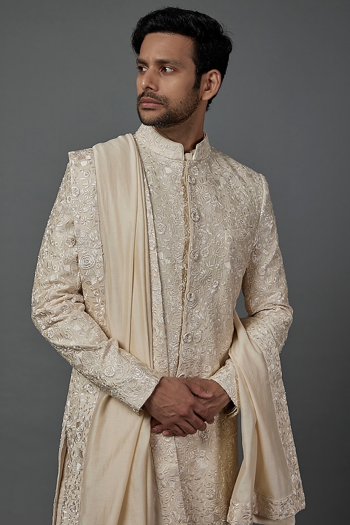 Beige Cotton Silk Embroidered Groom Sherwani Set by ARJAN DUGAL at Pernia's Pop Up Shop