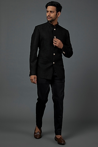 Black Silk Embroidered Bandhgala Set by ARJAN DUGAL