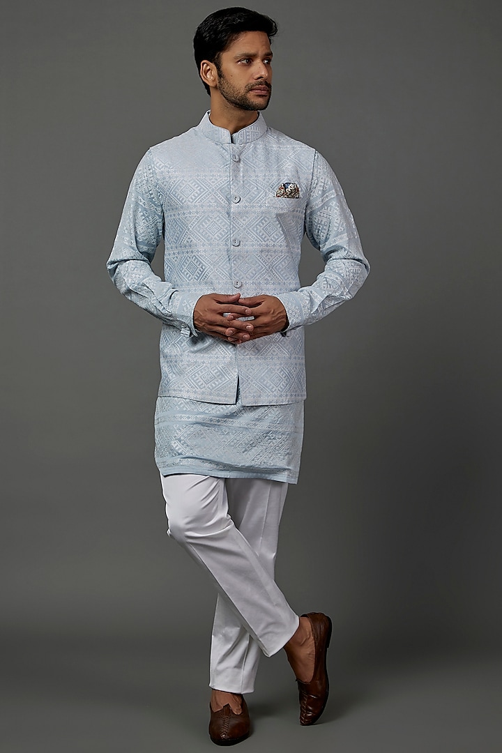 Powder Blue Silk Kurta Set With Nehru Jacket by ARJAN DUGAL