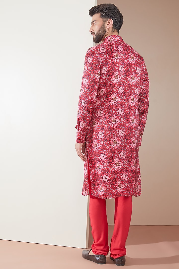 Red Modal Floral Printed Kurta Set by ARJAN DUGAL at Pernia's Pop Up Shop