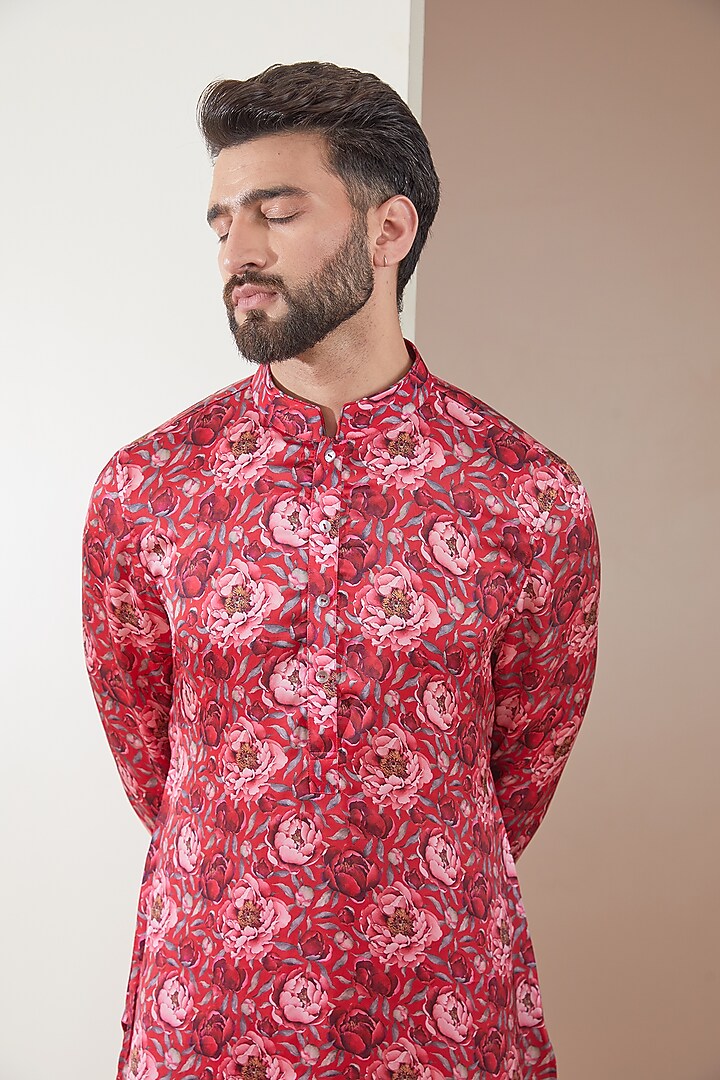 Red Modal Floral Printed Kurta Set by ARJAN DUGAL at Pernia's Pop Up Shop