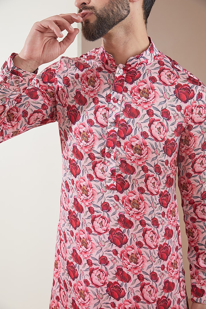 Pink Modal Floral Printed Kurta Set by ARJAN DUGAL at Pernia's Pop Up Shop