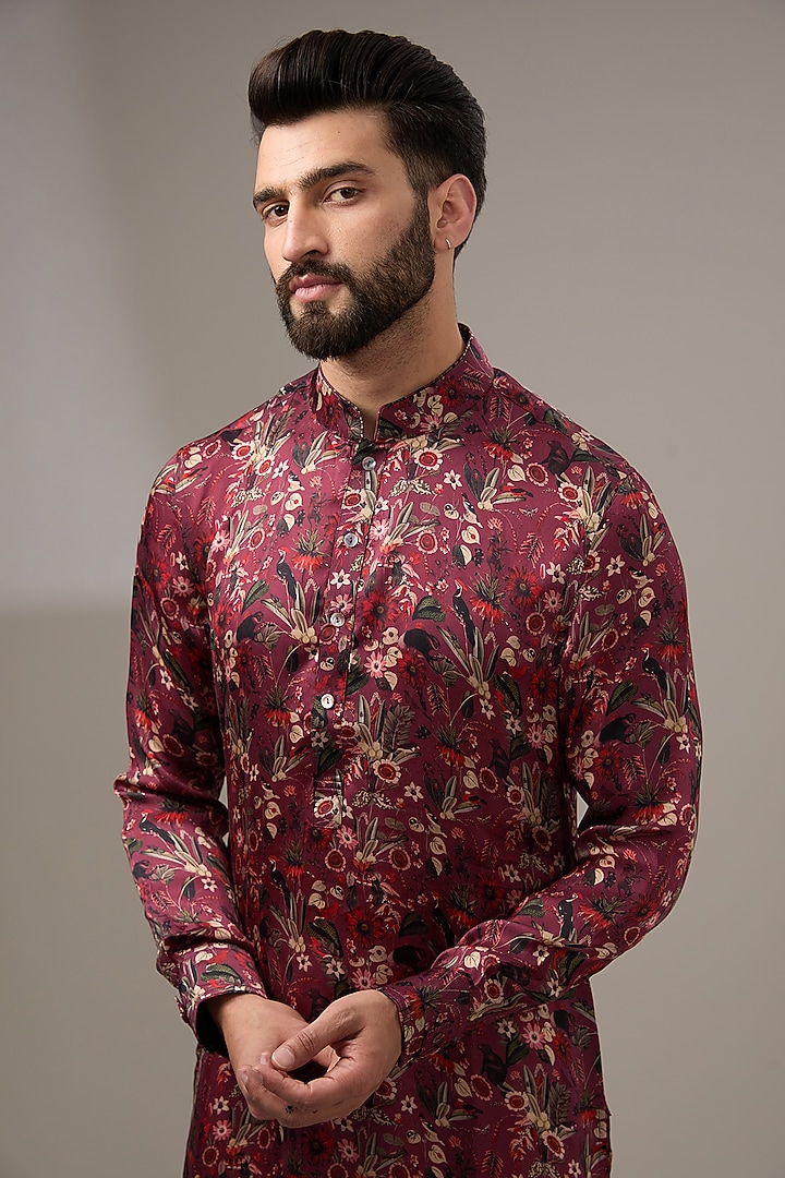 Burgundy Modal Floral Printed Kurta set by ARJAN DUGAL at Pernia's Pop Up Shop