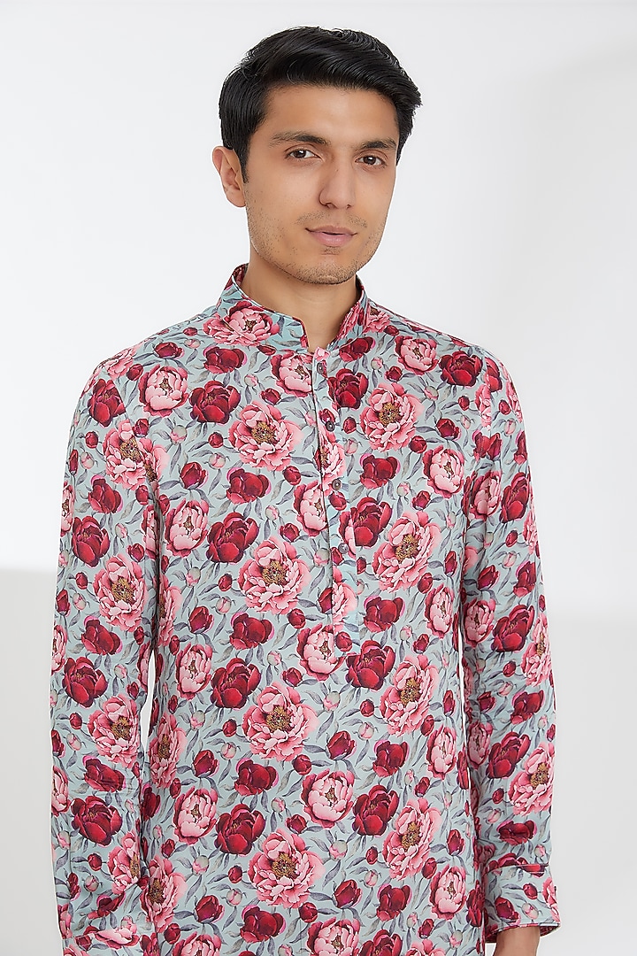 Sage & Red Modal Floral Printed Kurta Set by ARJAN DUGAL at Pernia's Pop Up Shop