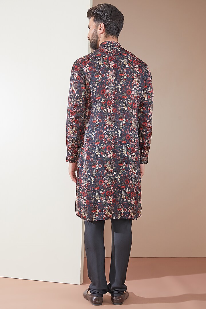 Dark Teal Modal Floral Printed Kurta Set by ARJAN DUGAL at Pernia's Pop Up Shop