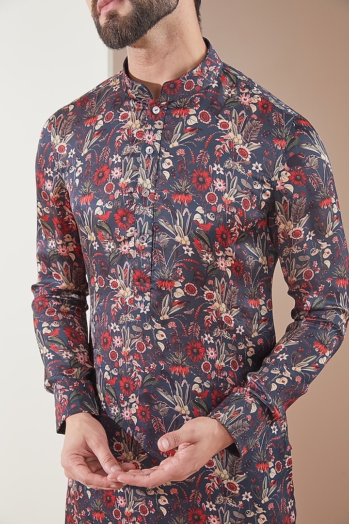Dark Teal Modal Floral Printed Kurta Set by ARJAN DUGAL at Pernia's Pop Up Shop