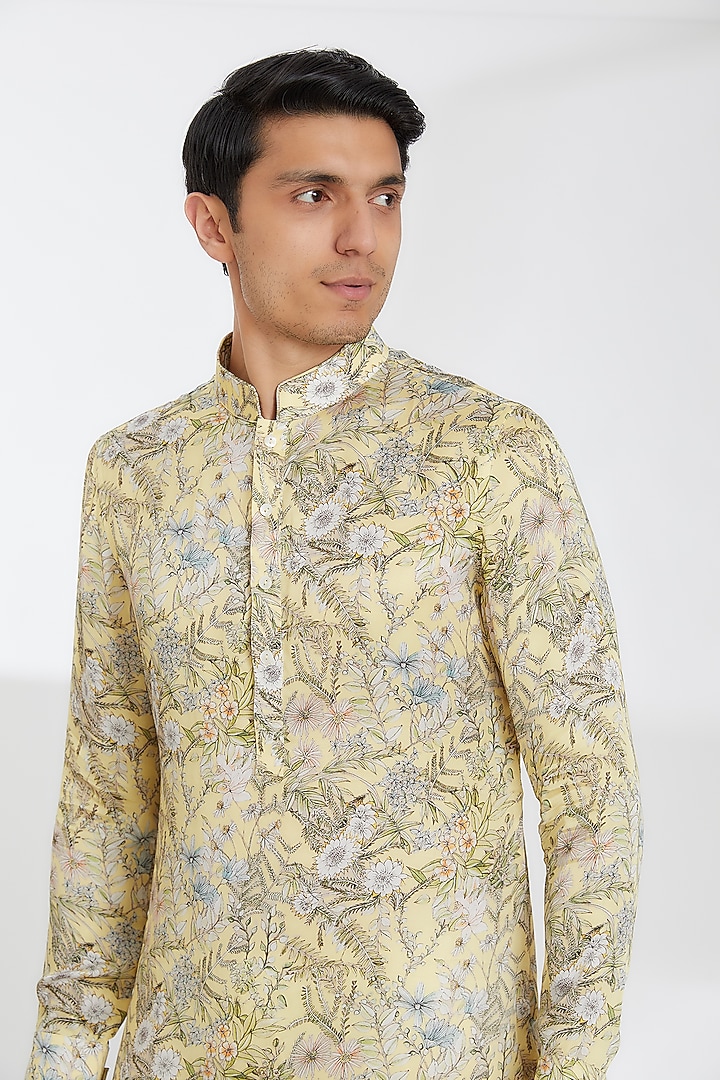 Light Lemon Modal Floral Printed Kurta Set by ARJAN DUGAL at Pernia's Pop Up Shop