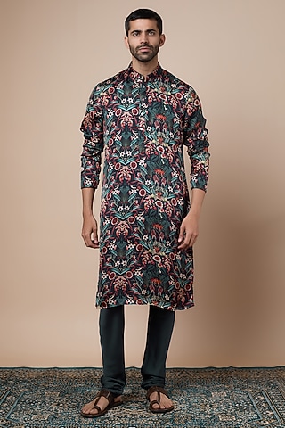 Dark Grey Modal Floral Printed Kurta Set by ARJAN DUGAL