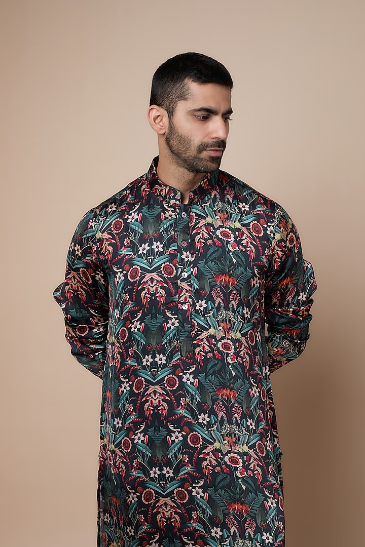 Dark Grey Modal Floral Printed Kurta Set by ARJAN DUGAL at Pernia's Pop Up Shop